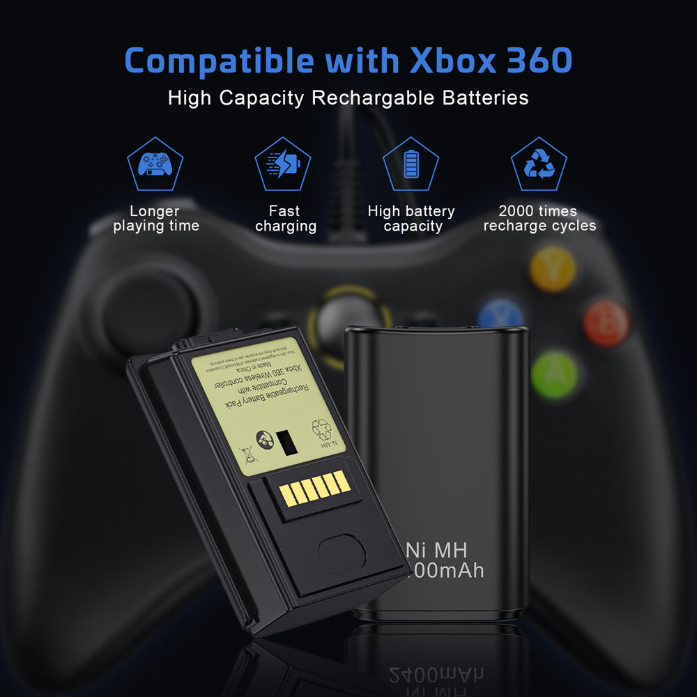 RUNTOGOL 2-Pack 2400mAh Batteries with Charging Station Dock for Xbox 360 Controller