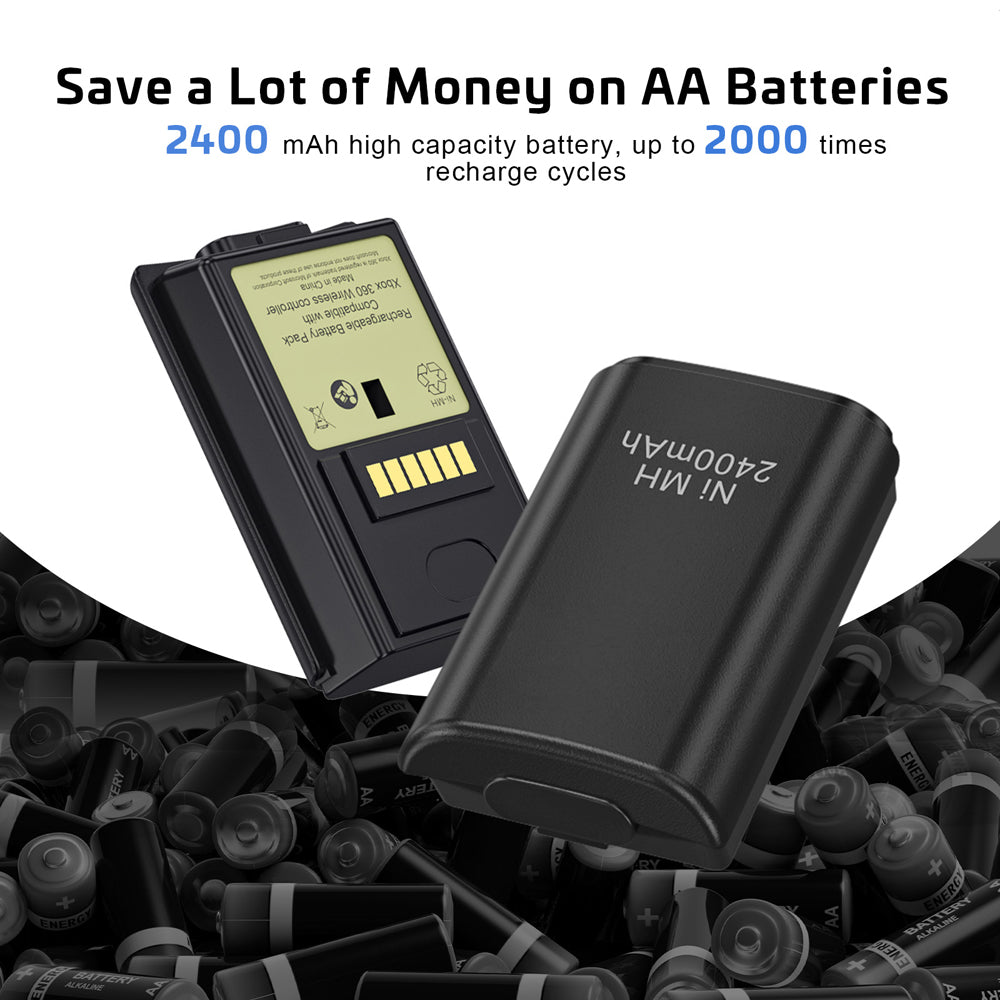 RUNTOGOL 2-Pack 2400mAh Batteries with Charging Station Dock for Xbox 360 Controller