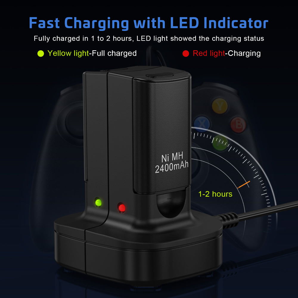 RUNTOGOL 2-Pack 2400mAh Batteries with Charging Station Dock for Xbox 360 Controller