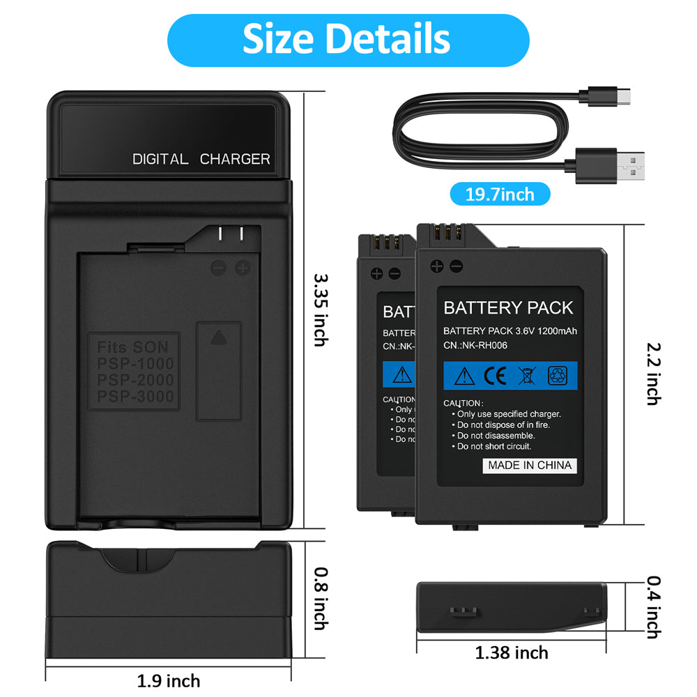 RUNTOGOL 2 Pcs 3.6v 1200mAh PSP 2000/3000 Battery and Charger
