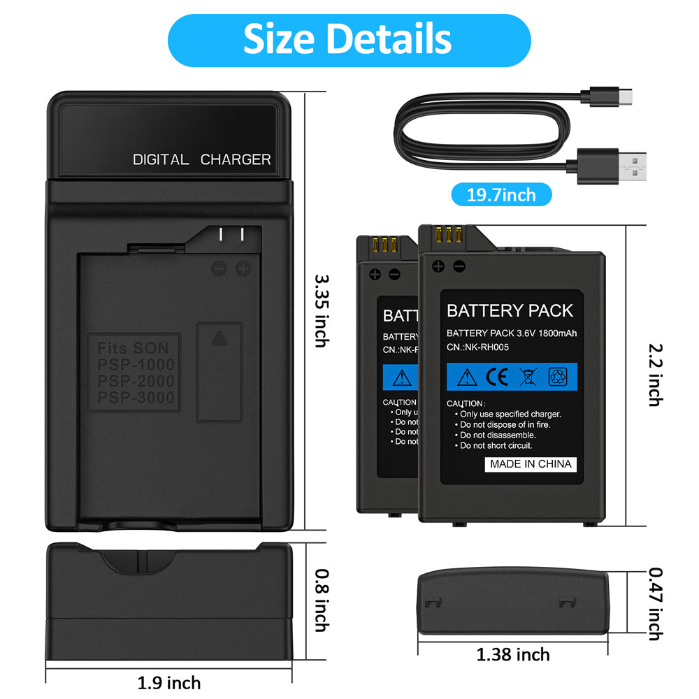 RUNTOGOL 2Pcs 1800mAh PSP-1000 Battery and Charger