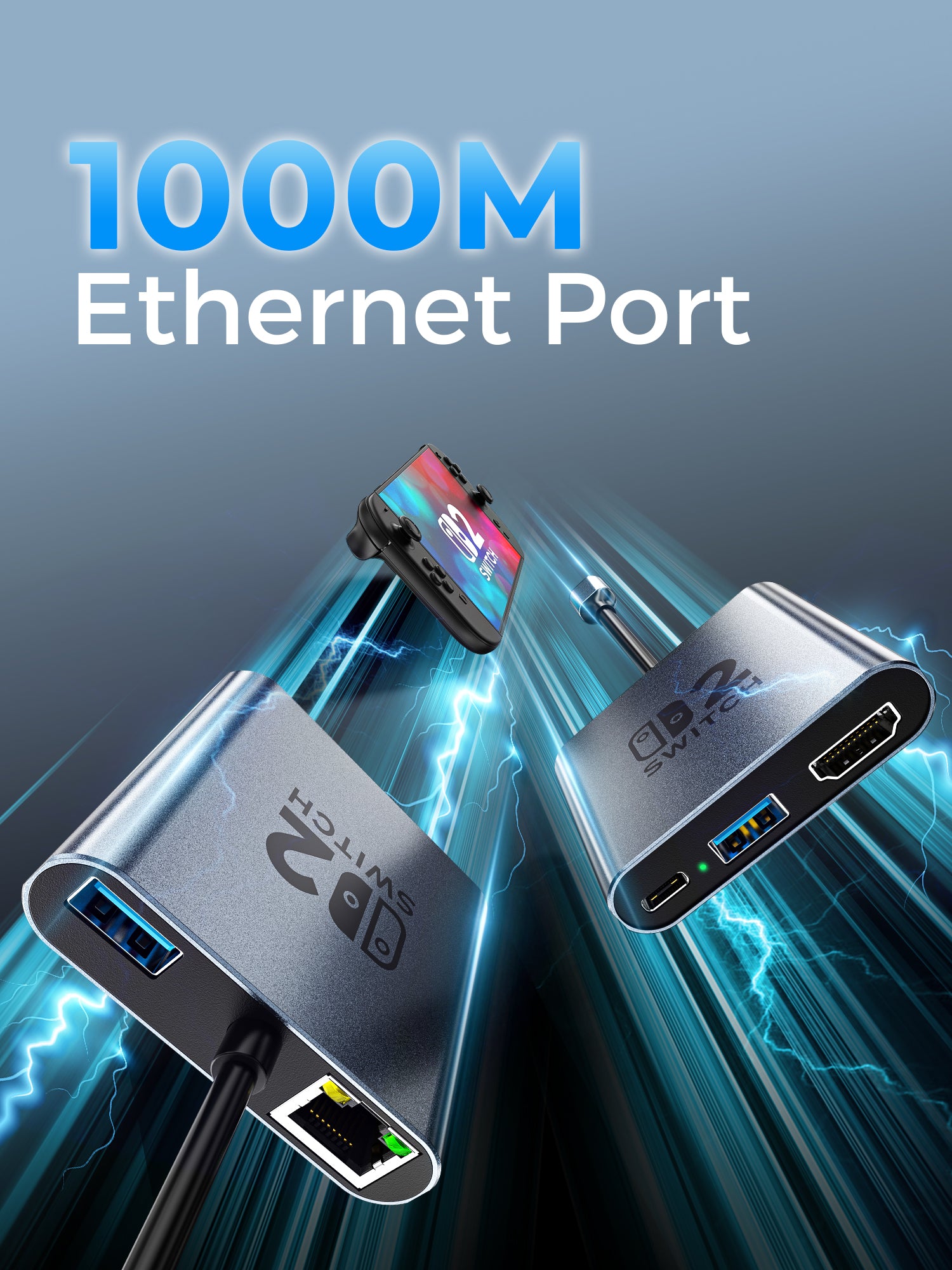 1000M Ethernet Switch 2 Dock, Aluminum Alloy Portable USB C Docking Station