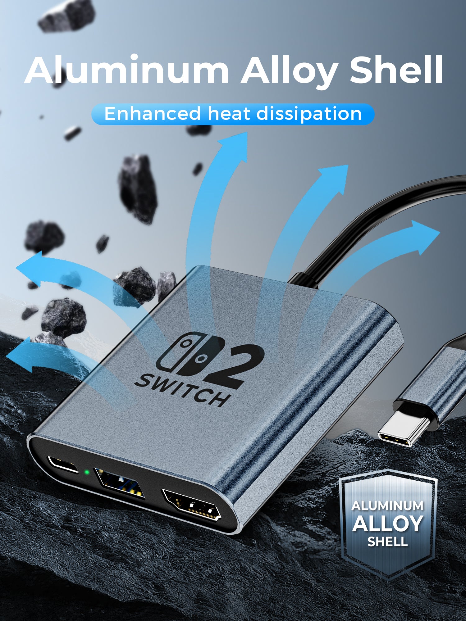 1000M Ethernet Switch 2 Dock, Aluminum Alloy Portable USB C Docking Station