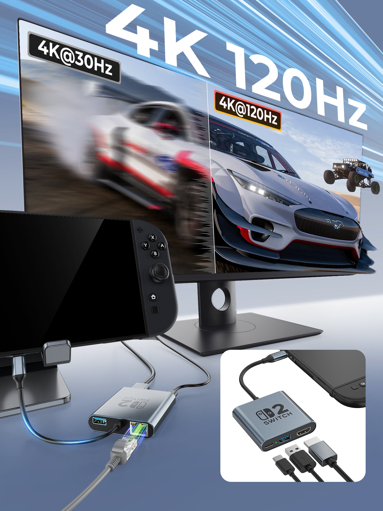 1000M Ethernet Switch 2 Dock, Aluminum Alloy Portable USB C Docking Station